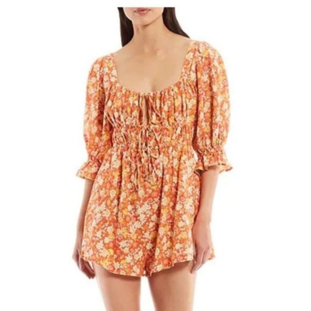 Floral Print Romper Orange Yellow Square Neck Puff Sleeve Tie Front Casual, L